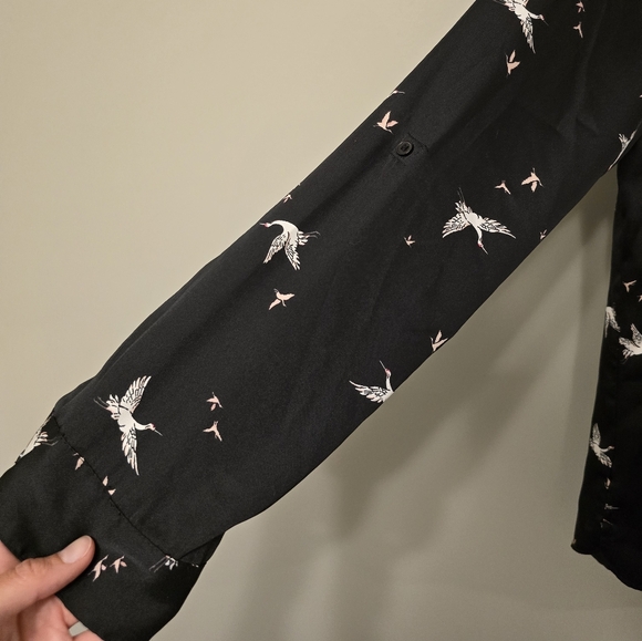 Reitmans satin blouse | SZ Medium | black dress shirt with cranes - Picture 2 of 5